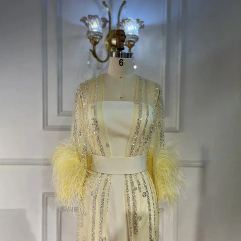 Robe de soirée style caftan marocain, ligne A, plumes et perles, couleur crème, avec veste, LA71759 
