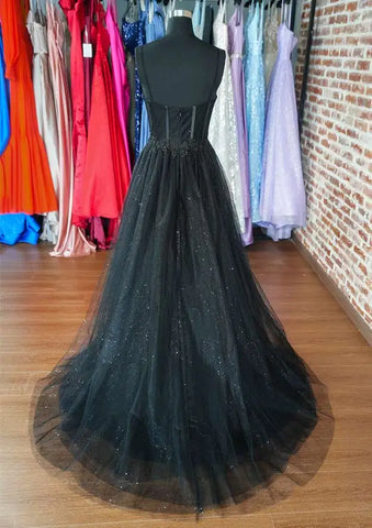 2025 Arabic Black A-Line Sweetheart Spaghetti Straps Tulle Glitter Prom Dress with Appliqué for Women's Party LA72689