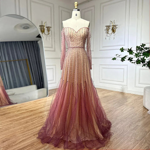 2025 Arabic Purple Elegant A-Line Beaded Long Evening Dresses Gowns for Formal Occasion LA72752