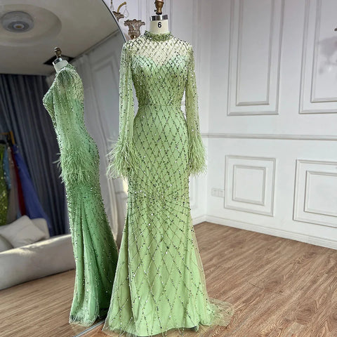 Luxury Beaded Feathers Sage Green Evening Dress Long Sleeves LA72394A