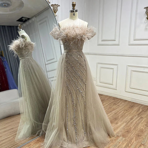 2025 Saudi Arabic Beaded Caramel Mermaid Elegant Evening Dresses Gowns with Overskirt for Formal Occasion LA71634A