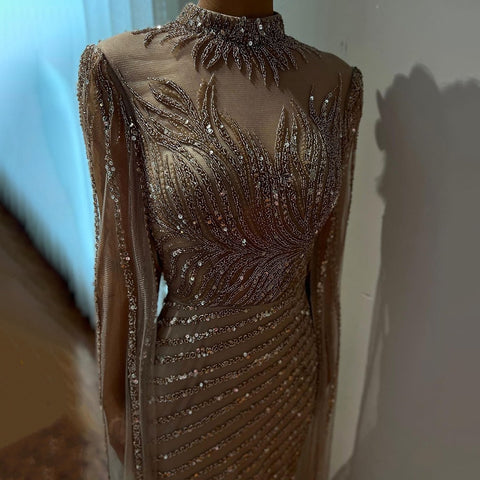 Robe de soirée longue style sirène arabe caramel, manches cape, dentelle et perles, tenue de mariage, LA71885 