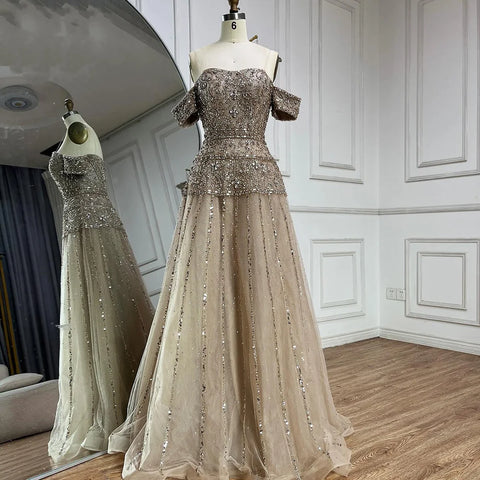 2025 Off The Shoulder A-Line Caramel Beaded Luxury Evening Dress for Formal Occasion Saudi LA72709