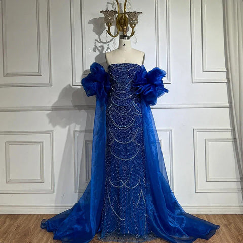 Red Long Cape Mermaid Evening Dresses Gowns with Puff Sleeves Beaded Overskirt and Design for Women's Party LA72585