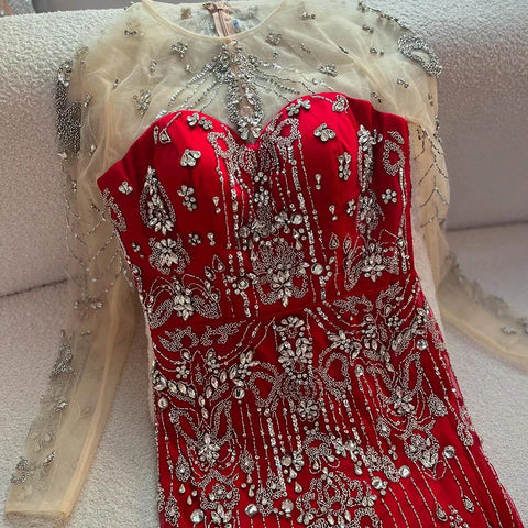 Luxury Beaded Blue Long Sleeves Evening Dresses with Overskirt  LA72757