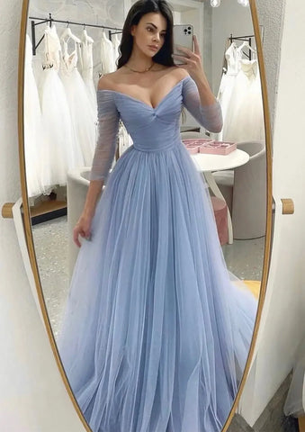 2025 Arabic Blue A-Line Off-the-Shoulder Tulle Prom Dress with Pleats for Women's Party LA72690