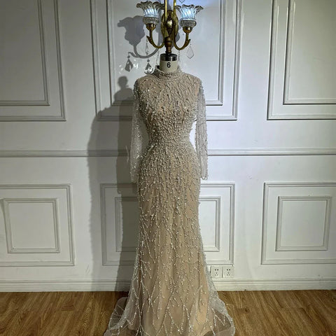 2025 Saudi Arabic Luxury Pearls Beaded Nude Mermaid Evening Gown for Formal Occasion LA72345A