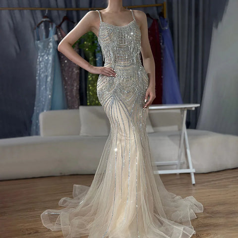 2025 Silver Nude Spaghetti Strap Mermaid Evening Dress Gown with Luxury Beaded Tassels for Formal Occasion LA72772