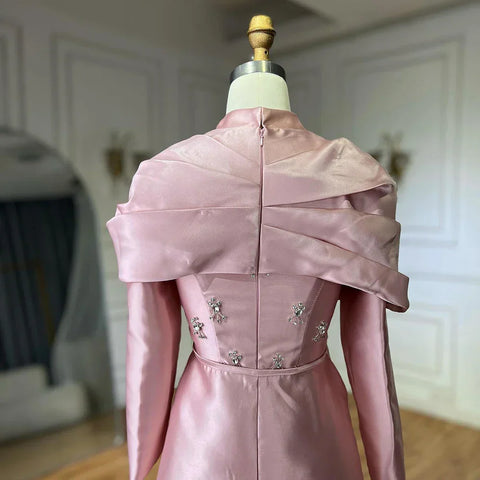 2025 Muslim Blue Mermaid Beaded Satin Luxury Saudi Evening Dress Gown Overlay Skirt for Formal Occasion LA72414M