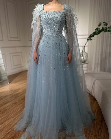Robe de soirée de luxe saoudienne, coupe trapèze, bleu arabe, manches cape, perles, pour occasions formelles, 2025 LA71782A 