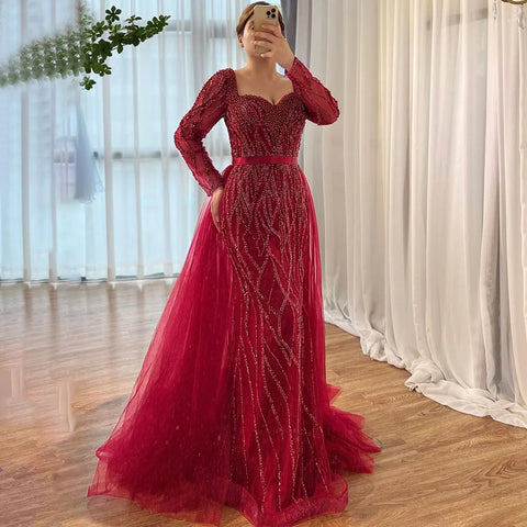 Vestidos de noche árabes elegantes con perlas y cuentas de lujo de sirena azul para mujer, ideales para bodas y fiestas LA71861 