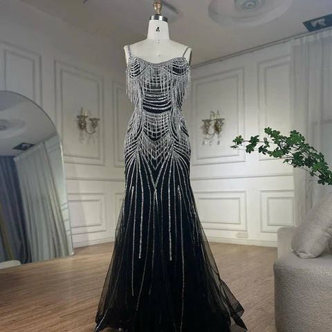 2025 Silver Nude Spaghetti Strap Mermaid Evening Dress Gown with Luxury Beaded Tassels for Formal Occasion LA72772