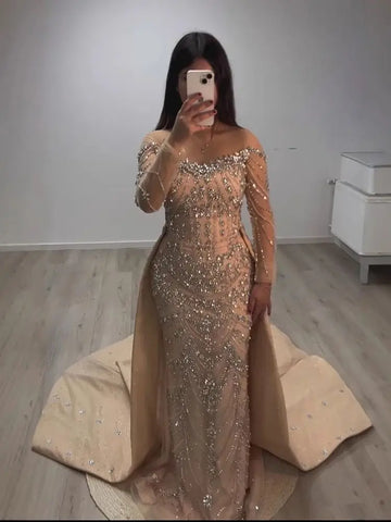Luxury Beaded Off Shoulder Long Sleeve Evening Dress Gown with Train LA72930