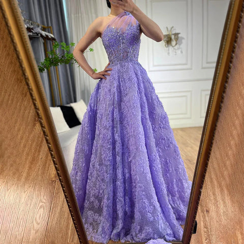 2025 Arabic Lilac One-Shoulder A-Line Lace Appliques Luxury Prom Dress for Formal Occasion LA72619