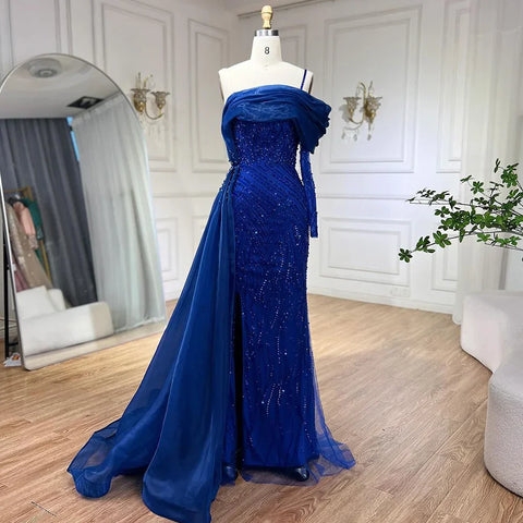 Blue Mermaid Elegant One Shoulder Evening Dresses Gowns Luxury Pearls Beaded For Women Wedding Party 2025 LA72244