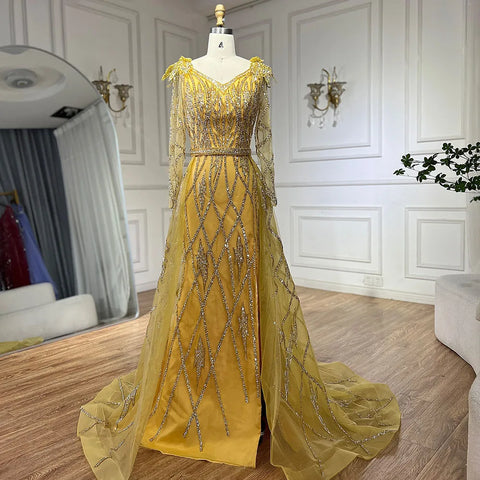 Robe de soirée sirène dorée musulmane avec jupe perlée, luxueuse robe de soirée de Dubaï, pour femmes, fête de mariage, LA72211, 2025 