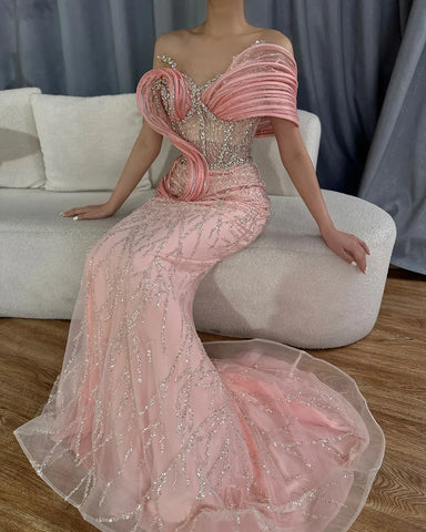 2025 Pink Mermaid Elegant One Shoulder Luxury Beaded Cut Out Evening Dresses Gowns for Women Wedding Party LA72455