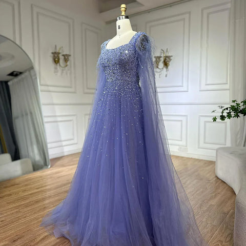 Robe de soirée de luxe saoudienne, coupe trapèze, bleu arabe, manches cape, perles, pour occasions formelles, 2025 LA71782A 