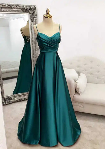 2025 Arabic Green A-Line Spaghetti Straps Floor-Length Satin Prom Dress with Pleats for Women's Party LA72684