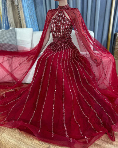 Arabic Turquoise A Line Cape Sleeve Beaded Luxury Dubai Evening Dresses Gowns For Women Wedding Party 2025 LA72306A