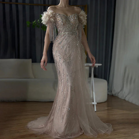 Robe de soirée de luxe style sirène, couleur chair, style arabe, Dubaï, col bateau, perles et pompons, pour femmes, fête de mariage, 2025, LA72260 