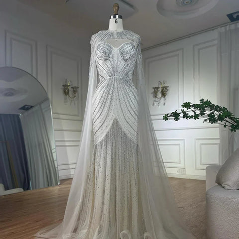 Arabic Blue Spaghetti Straps Beaded Evening Gown with Detachable Cape Dress for Formal Occasion 2025 LA72784