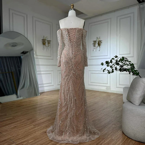 Vestidos de noche de lujo con cuentas, mangas largas con hombros descubiertos y lentejuelas brillantes LA72824A