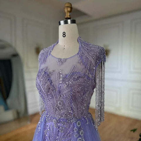 2025 Arabic lilac Elegant A Line Beaded Tassel Luxury Dubai Evening Dresses Gowns for Woman Wedding Party LA72422
