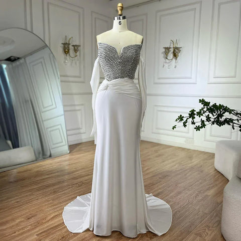 2025 Elegant White Arabic Strapless Evening Gown with Crystal Beaded Dress and Gloves for Formal Occasion LA72758