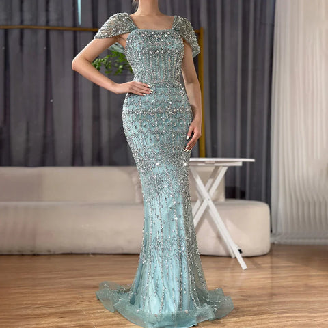 Arabic White Luxury Dubai Mermaid Evening Dress with Cap Sleeves LA72714