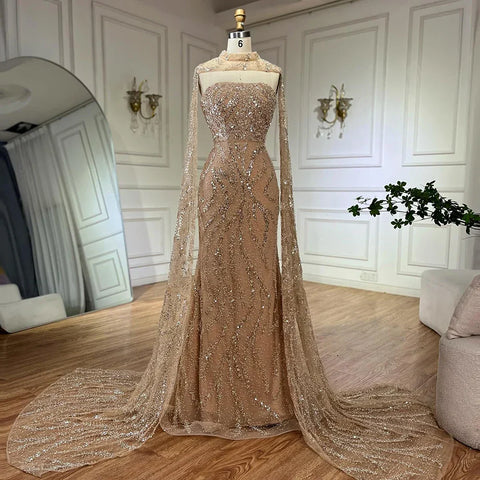 Nude Mermaid Evening Dresses Gowns with Detachable Cape Sleeves and Lace Up Back for Formal Occasion LA72824