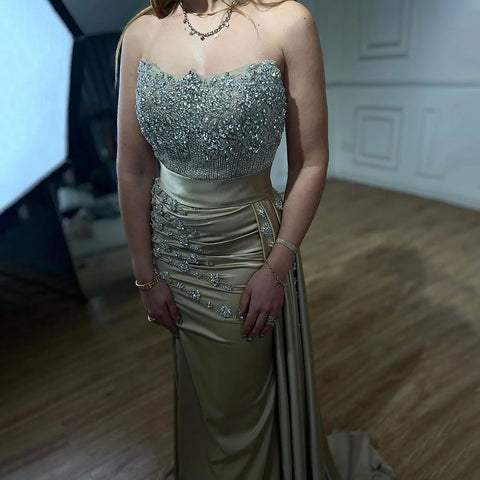 High Split With Skirt Mermaid Nude Sexy Strapless CRYSTAL Beaded Evening Dresses Gowns For Women Party 2025 LA72135