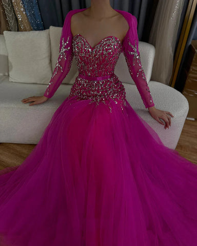 On Sale no return no refund Arabic Sexy Sweetheart Fuchsia A Line Long Sleeves Luxury Beaded Evening Dresses Gowns For Women Party 2025 LA71810