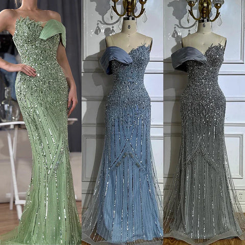 2025 Arabic Green Mermaid Elegant One Shoulder Beaded Long Evening Dresses Gowns for Formal Occasion LA72650
