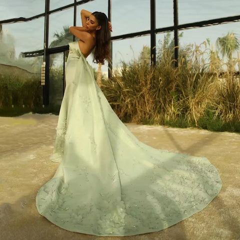 Luxury 3D Leaves Sage Green Dubai Evening Dress with Cape LA72724