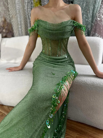 Vestido de noche árabe verde con borlas de cristal, estilo saudí, con abertura alta, ideal para fiestas de bodas y eventos especiales (2025) LA72490 