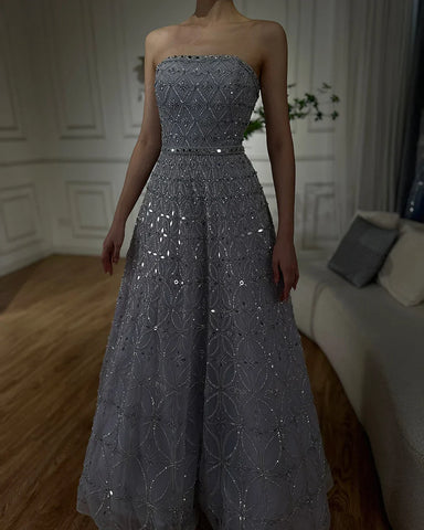 2025 Arabic Gray A Line Elegant Strapless Beaded Long Evening Dresses Gowns for Formal Occasion LA72755