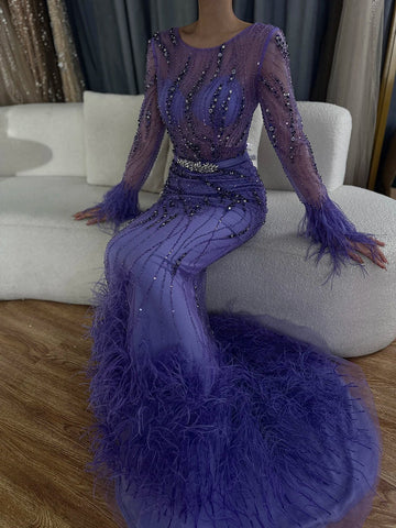 Elegant Mermaid Evening Dress Arabic Purple Beaded Feathers | Luxury Gown for Women's Wedding Party 2025 LA72367
