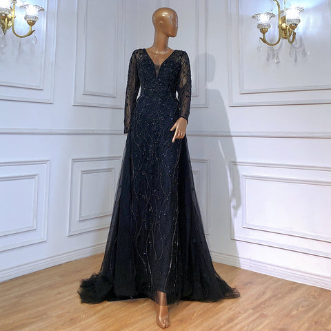 Moslim Zwarte Luxe Elegant Avond Jurken 2025 Kralen Diamond Mermaid Voor Vrouwen Party LA70341A