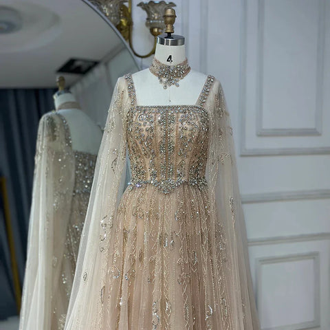 2025 Arabic Nude A Line Cape Sleeve Crystal Beaded Luxury Saudi Evening Dresses Gowns For Formal Occasion LA72764