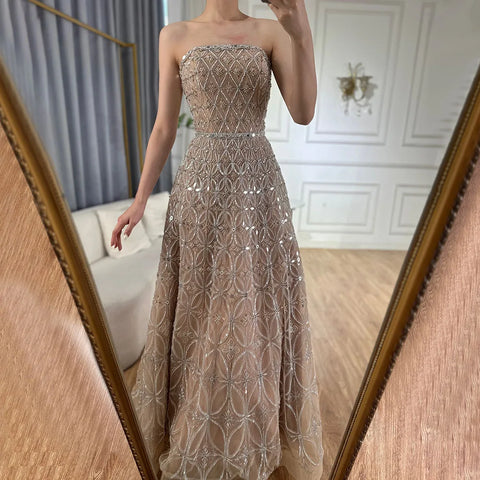 2025 Arabic Gray A Line Elegant Strapless Beaded Long Evening Dresses Gowns for Formal Occasion LA72755
