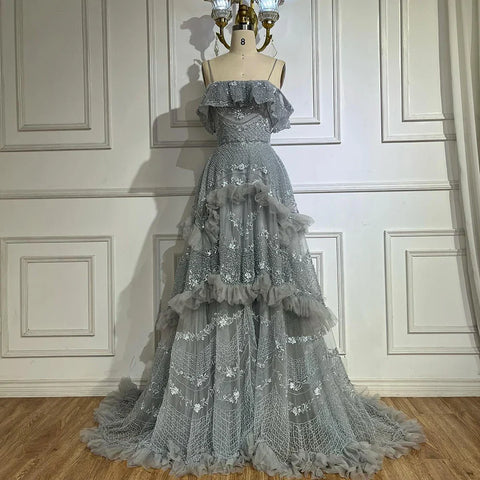 Luxury Silver Gray Off Shoulder Dubai Evening Dress LA72762