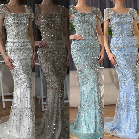 Arabic White Luxury Dubai Mermaid Evening Dress with Cap Sleeves LA72714