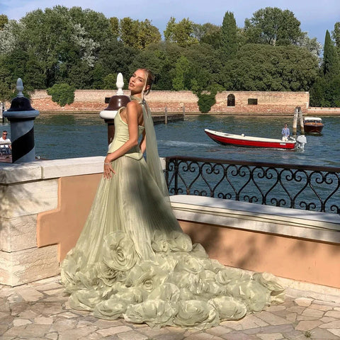 Elegant Sage Green 3D Flowers A Line Evening Dresses Gowns LA72913