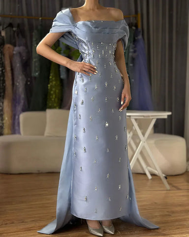 2025 Arabic Blue Beaded Crystal Ankle-Length Mermaid Satin Evening Dresses Gowns for Women Wedding Party LA72414A