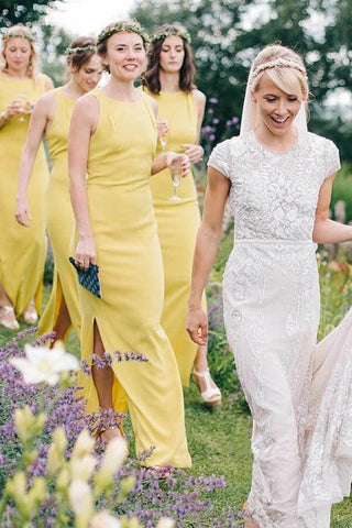 Sheath Open Back Floor-Length Yellow Bridesmaid Dress with Split BD140