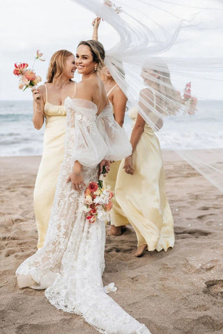 Sheath Spaghetti Straps Long Yellow Bridesmaid Dress BD132