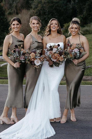 Sheath Taffeta Tea Length Spaghetti Straps Sleeveless Bridesmaid Dress