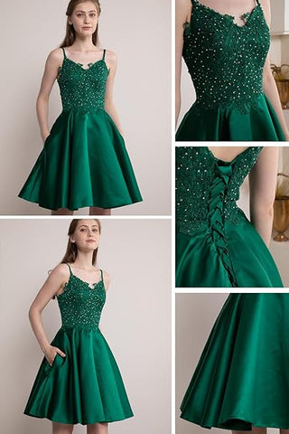 Robe de bal courte en dentelle et perles, robe de bal en satin avec poches SYH82 
