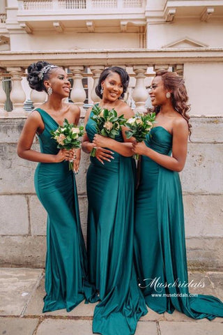 Silk Satin Mermaid One Shoulder Long Bridesmaid Dresses With Train